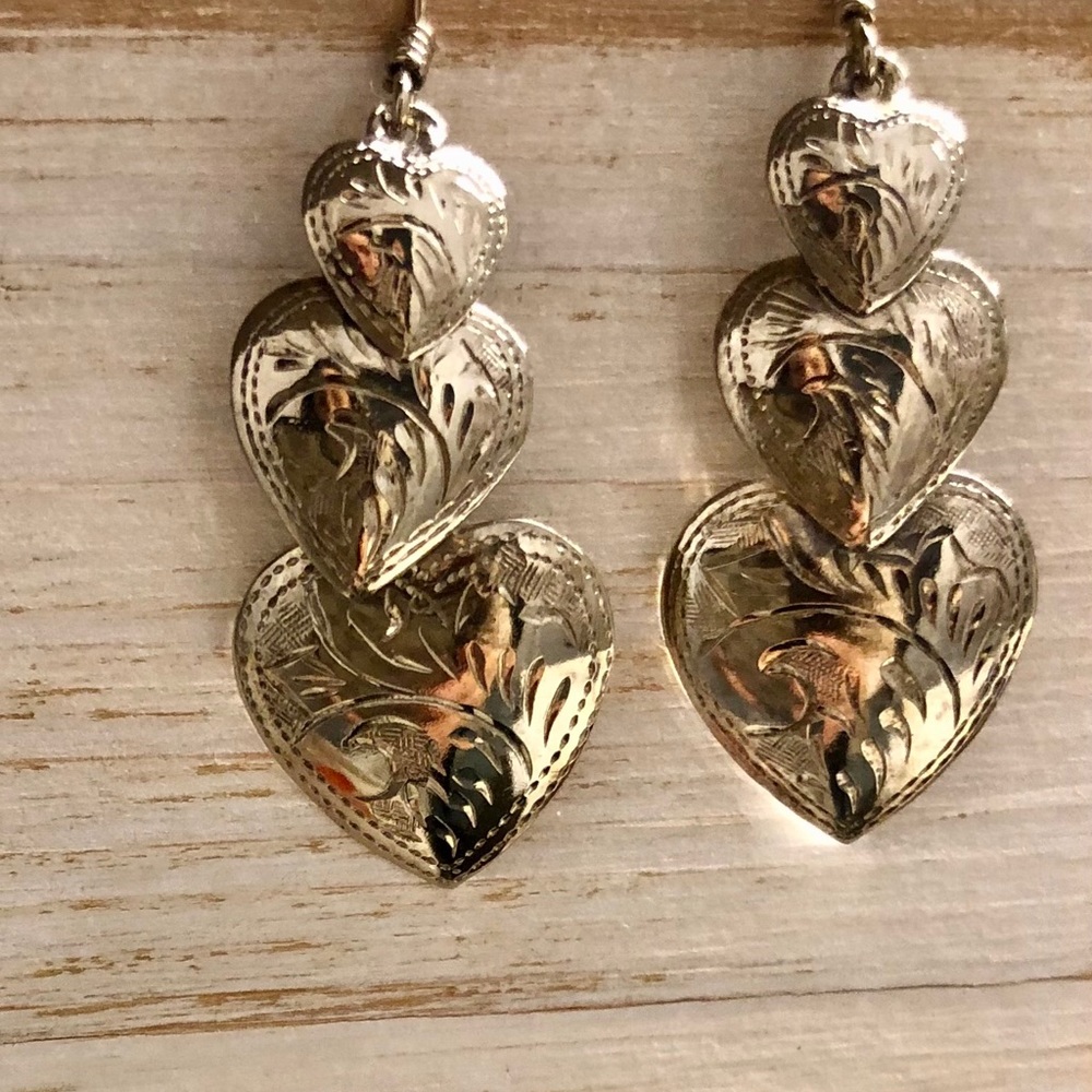 Three tier heart earrings silver southwestern